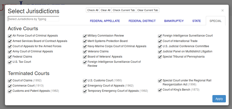 Jurisdiction picker with termination dates